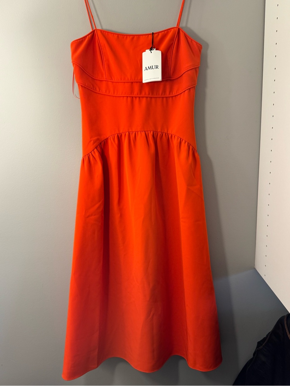 AMUR Bright Orange Spaghetti-Strap Midi Dress (Oliver Cady Mid)
